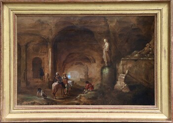 Hunters resting in a mysterious cavern surrounded by Roman monuments