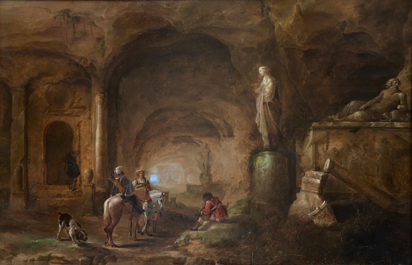 Hunters resting in a mysterious cavern surrounded by Roman monuments