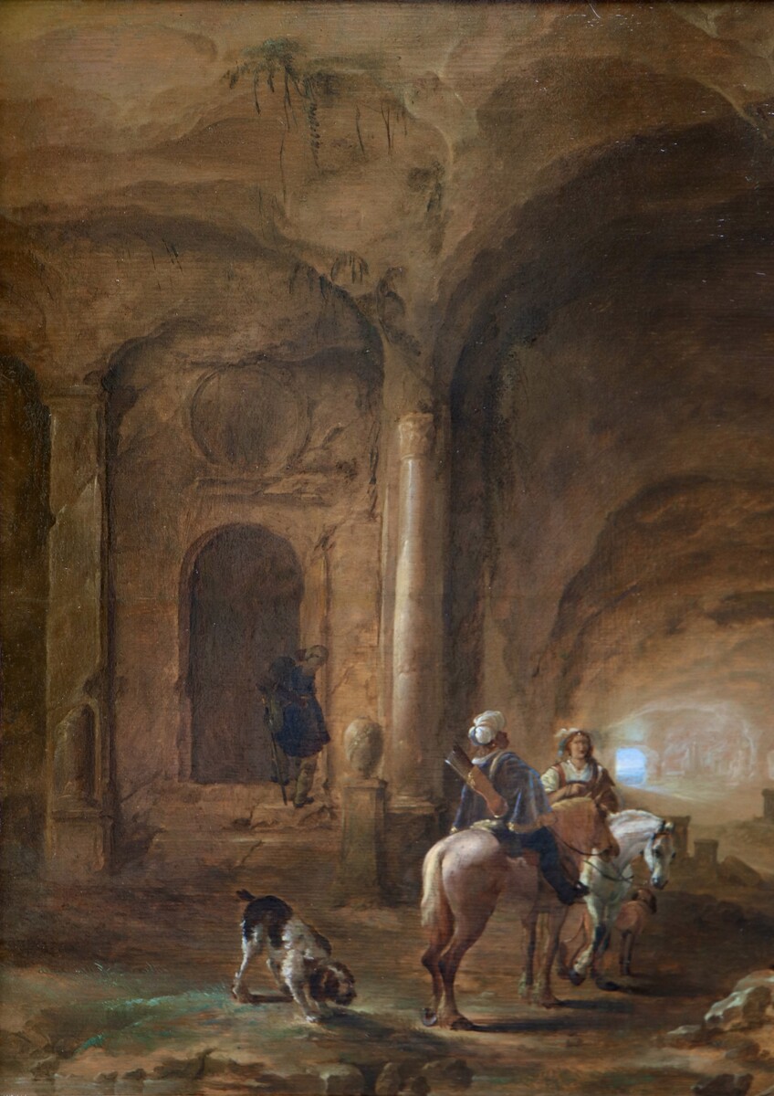 Hunters resting in a mysterious cavern surrounded by Roman monuments