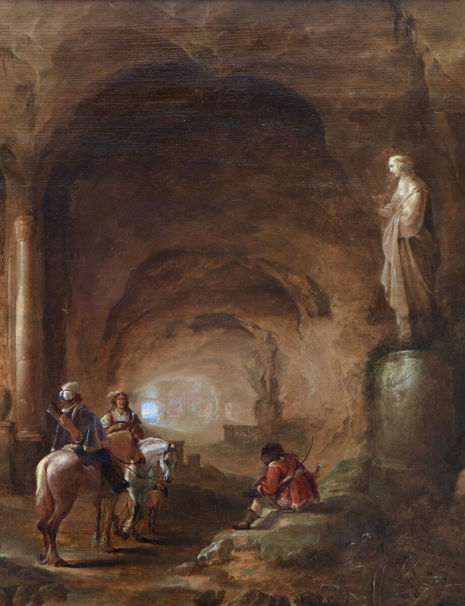 Hunters resting in a mysterious cavern surrounded by Roman monuments
