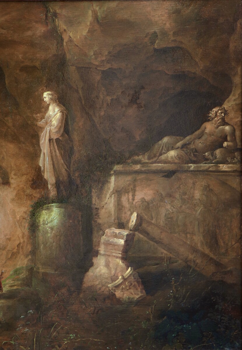 Hunters resting in a mysterious cavern surrounded by Roman monuments