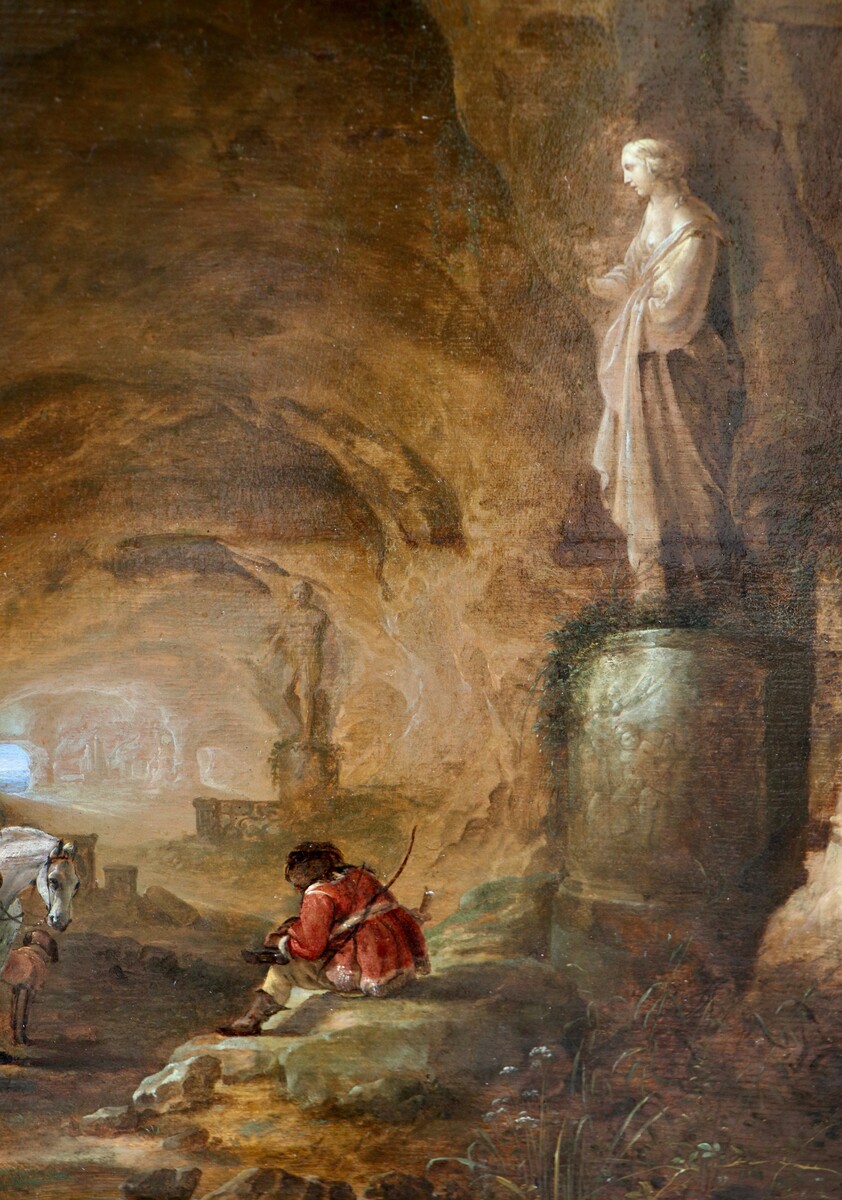 Hunters resting in a mysterious cavern surrounded by Roman monuments