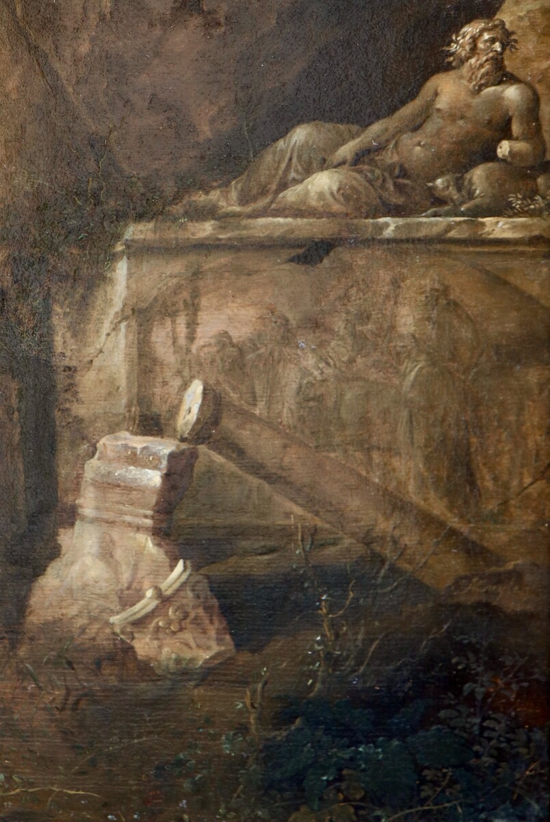 Hunters resting in a mysterious cavern surrounded by Roman monuments