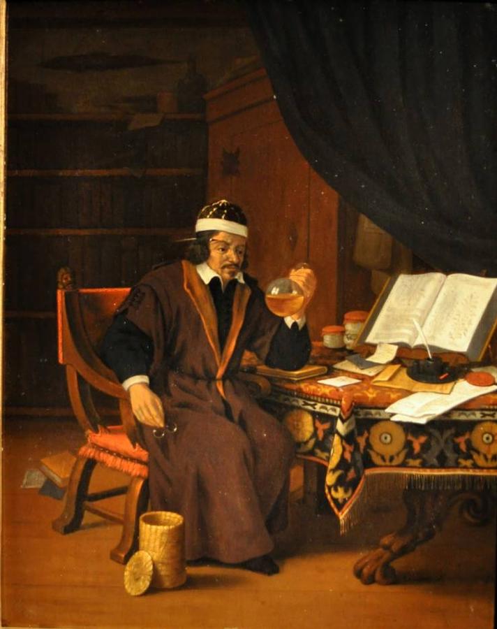 A doctor inspecting a flask of urine