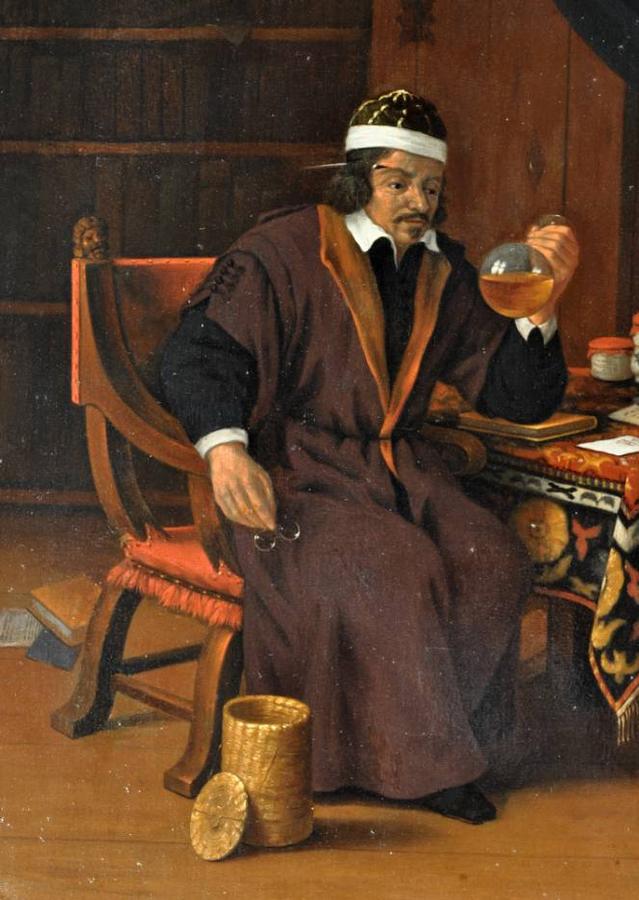 A doctor inspecting a flask of urine