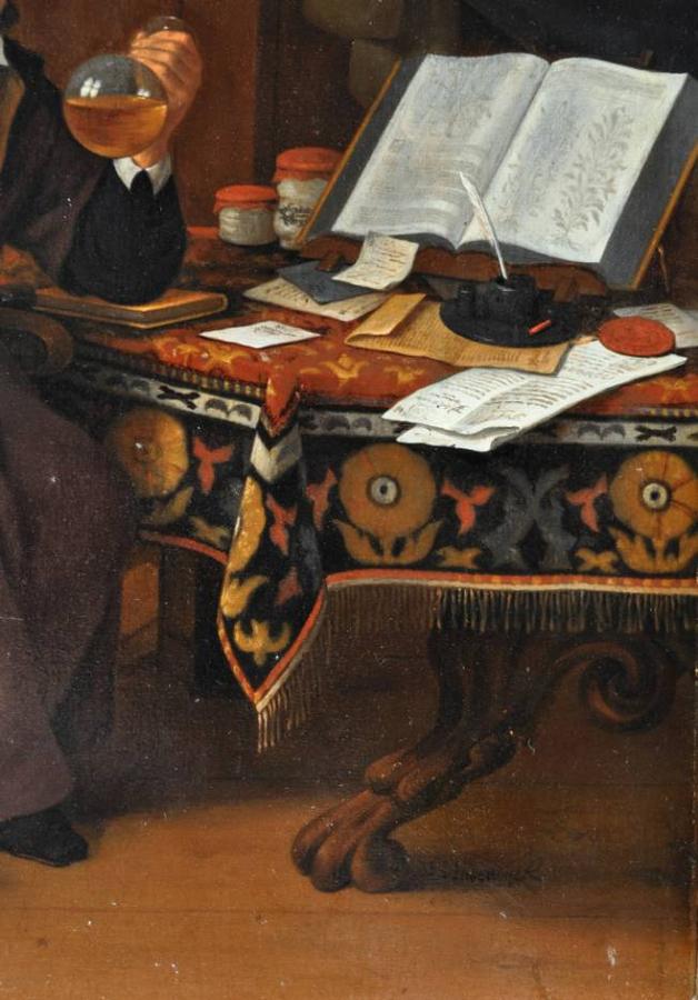 A doctor inspecting a flask of urine