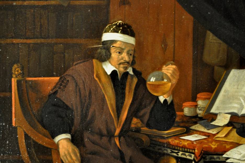 A doctor inspecting a flask of urine