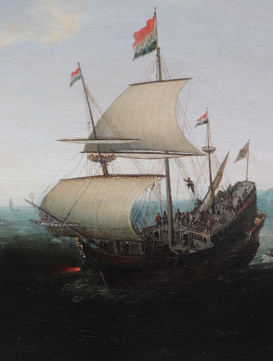 A Dutch ship firing a salute at a garrison
