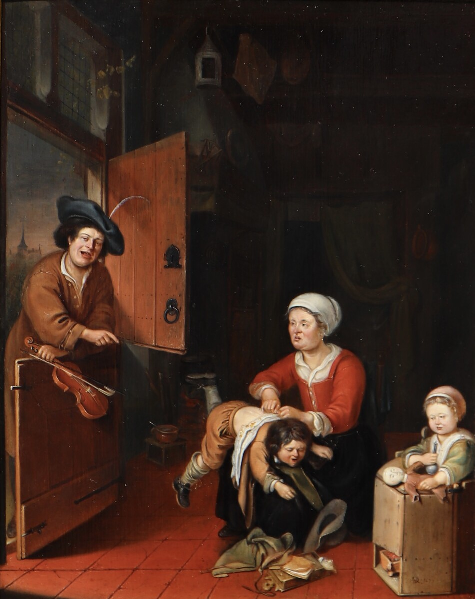 A family scene with a mother chasing fleas