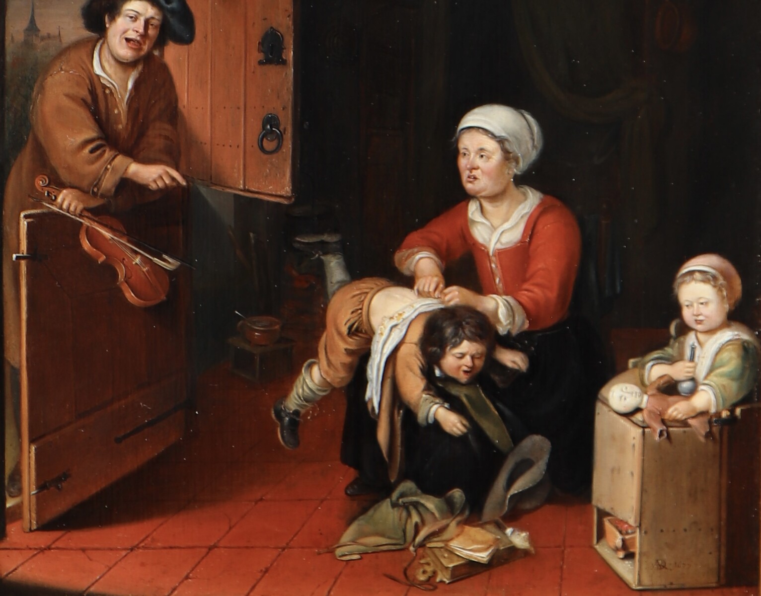 A family scene with a mother chasing fleas
