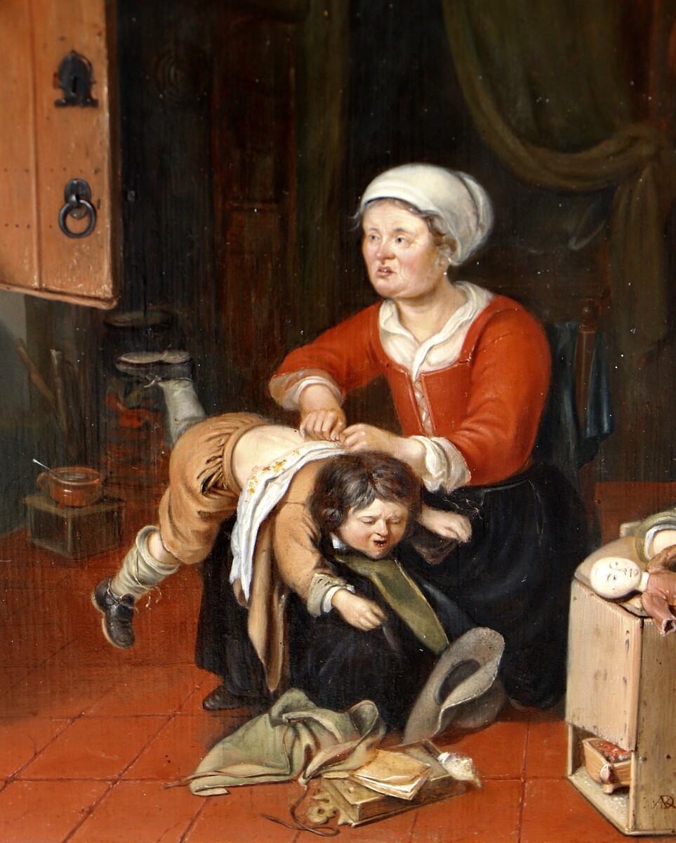 A family scene with a mother chasing fleas