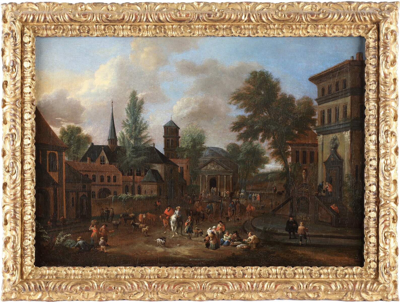 A fictituous Italo-Flemish town view with the Pantheon of Rome at the centre