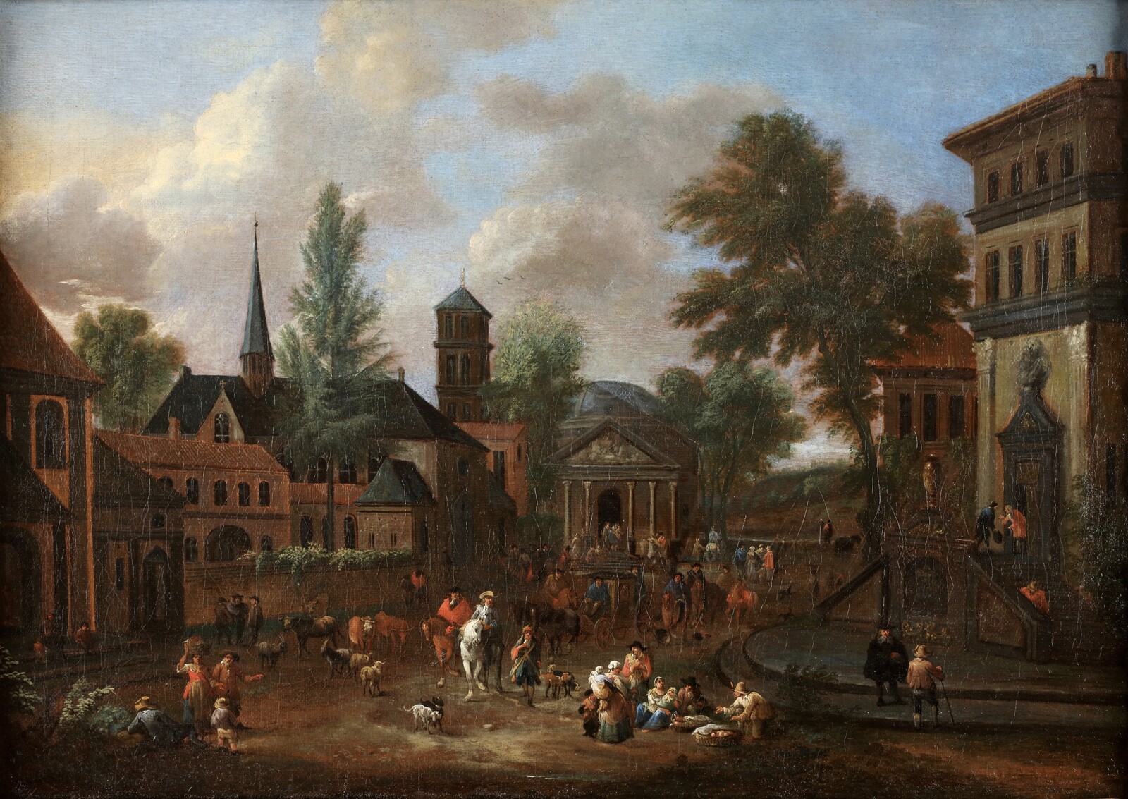 A fictituous Italo-Flemish town view with the Pantheon of Rome at the centre