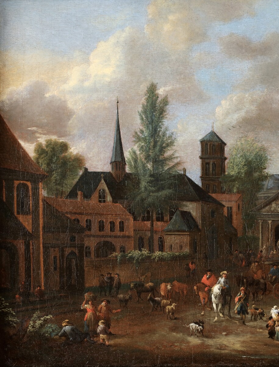 A fictituous Italo-Flemish town view with the Pantheon of Rome at the centre