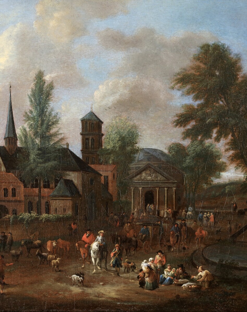 A fictituous Italo-Flemish town view with the Pantheon of Rome at the centre