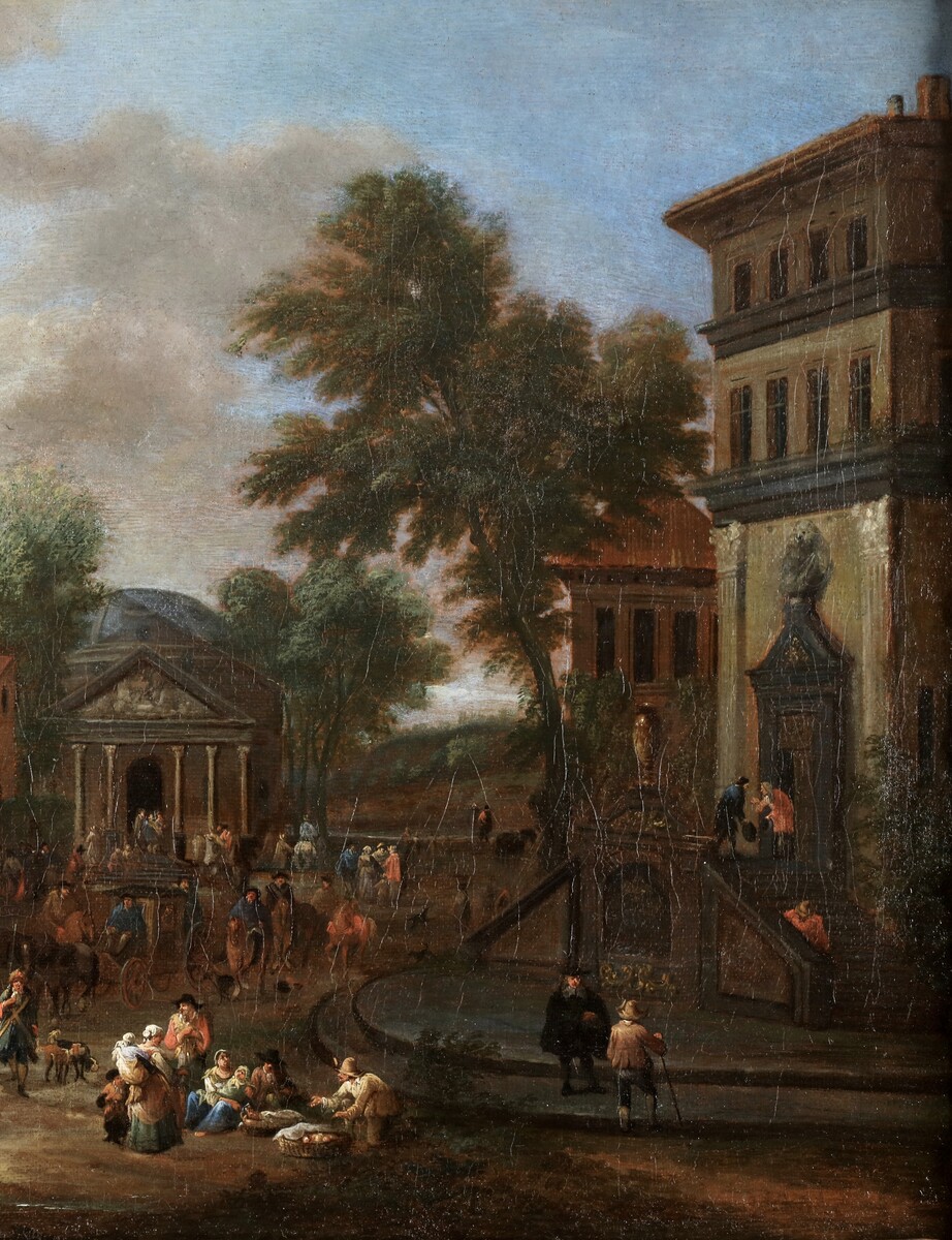 A fictituous Italo-Flemish town view with the Pantheon of Rome at the centre