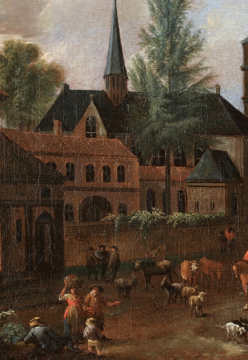 A fictituous Italo-Flemish town view with the Pantheon of Rome at the centre