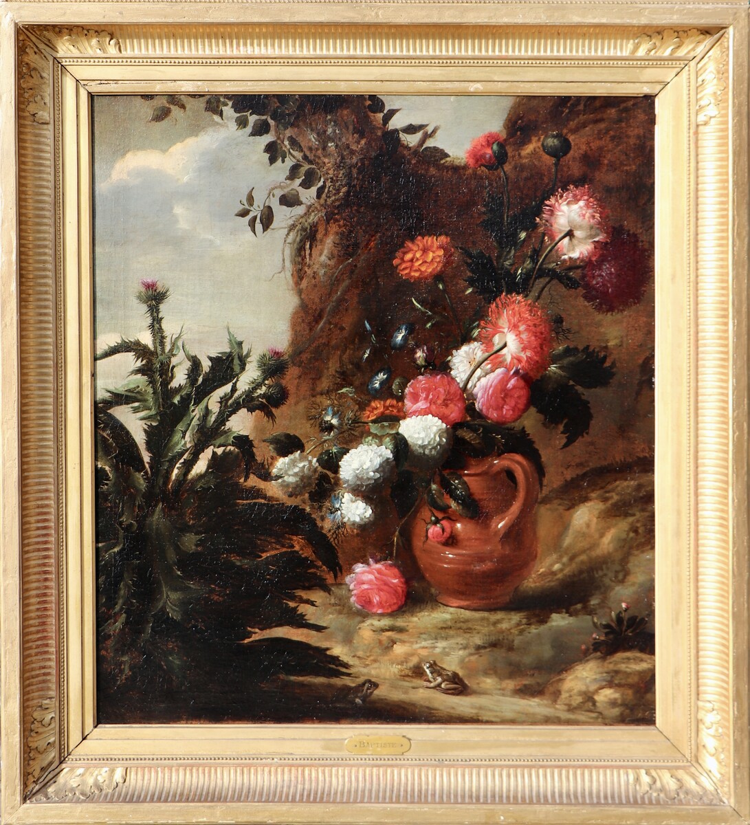 A forest floor with a thistle, a flowered jug and two frogs