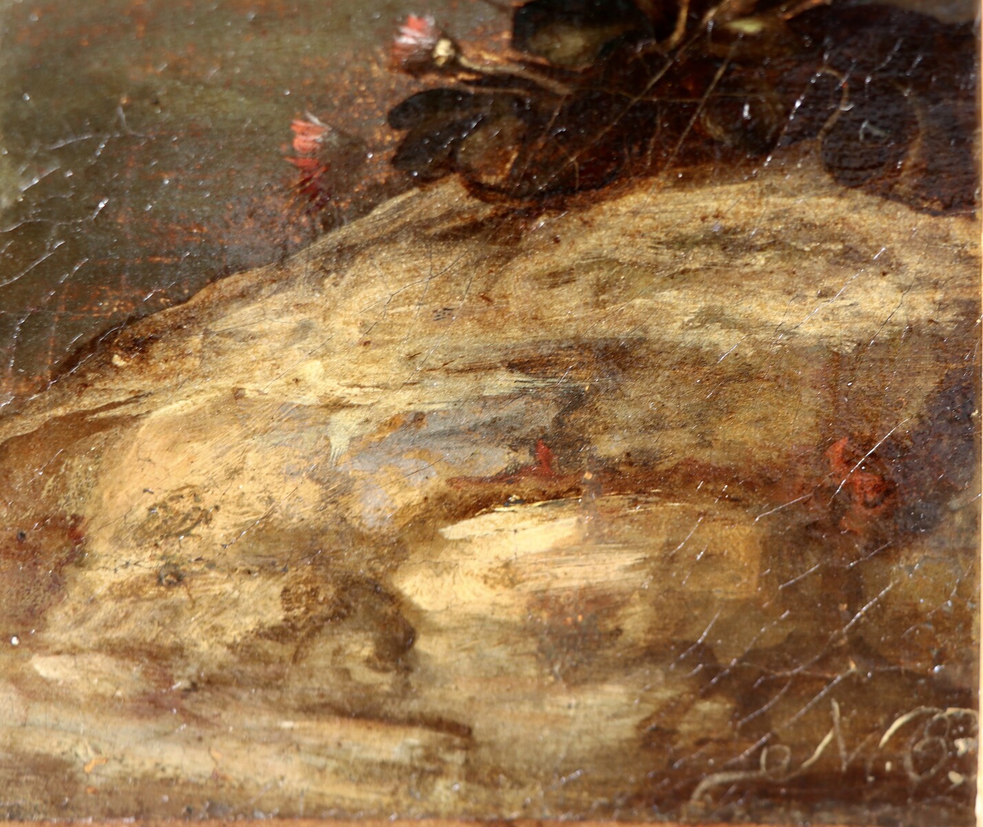 A forest floor with a thistle, a flowered jug and two frogs