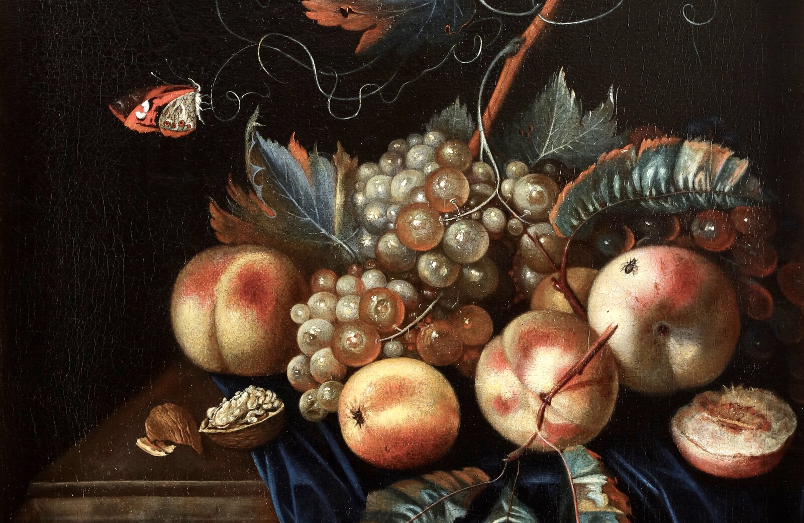 A fruit still life with peaches and grapes, a butterfly and a fly