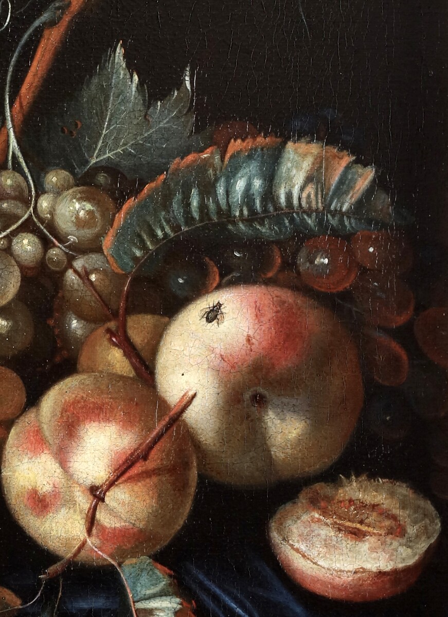 A fruit still life with peaches and grapes, a butterfly and a fly