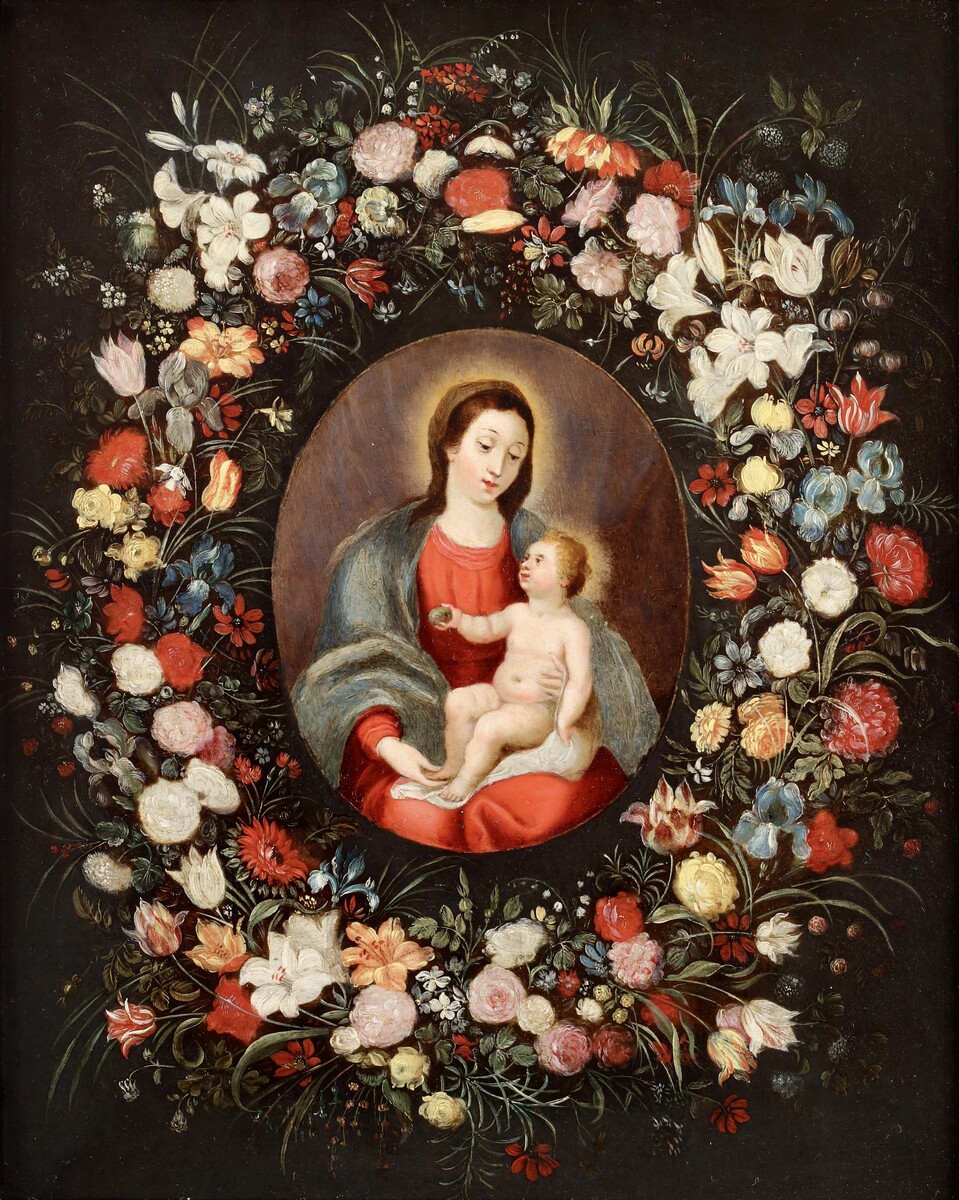 A garland of flowers surrounding the Virgin and Child
