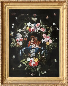 A garland of flowers with numerous insects surrounding the Virgin and Child with Saint Anne