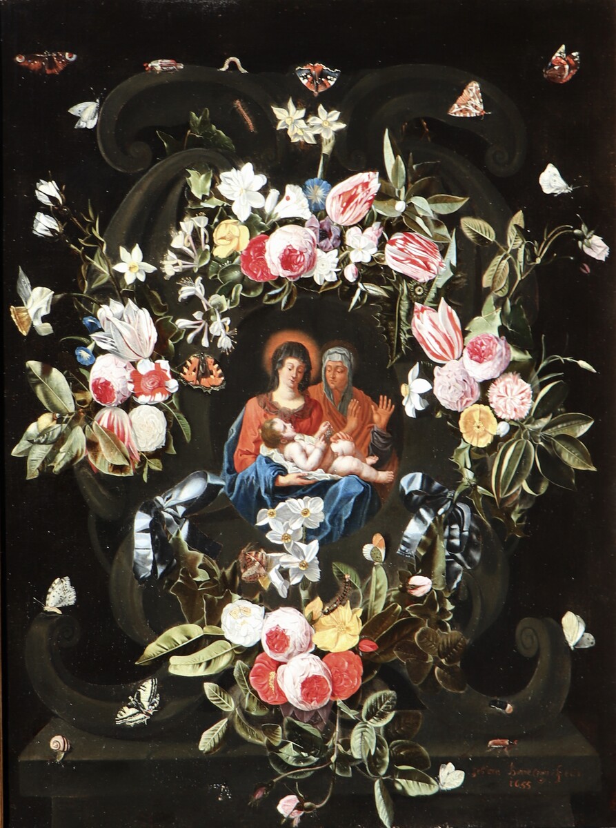 A garland of flowers with numerous insects surrounding the Virgin and Child with Saint Anne