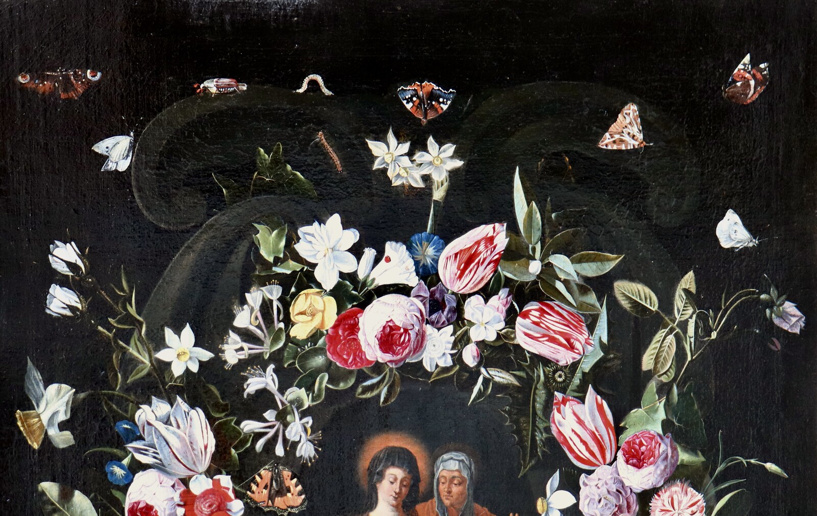 A garland of flowers with numerous insects surrounding the Virgin and Child with Saint Anne