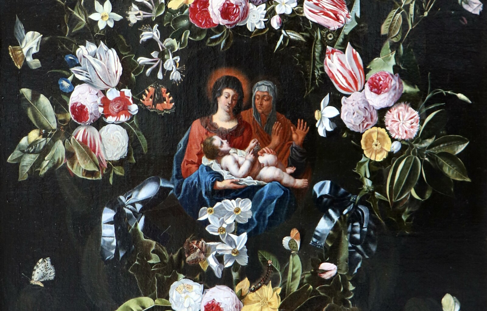 A garland of flowers with numerous insects surrounding the Virgin and Child with Saint Anne