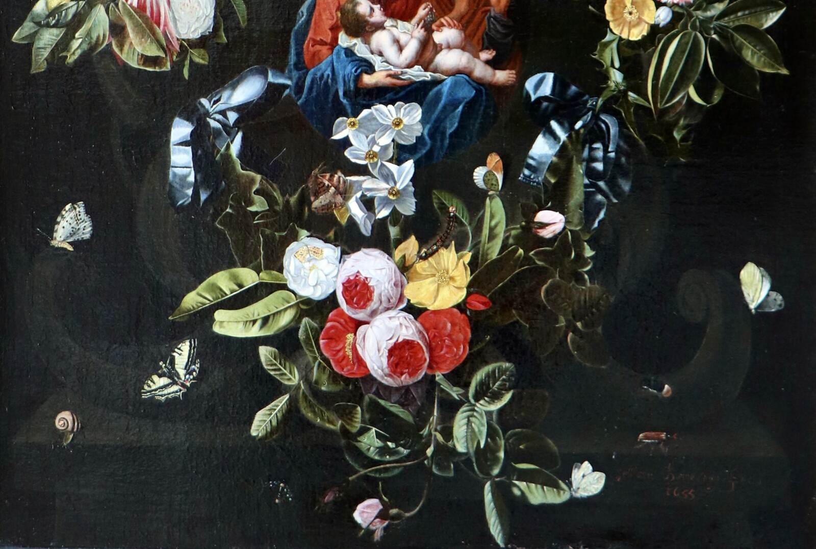 A garland of flowers with numerous insects surrounding the Virgin and Child with Saint Anne