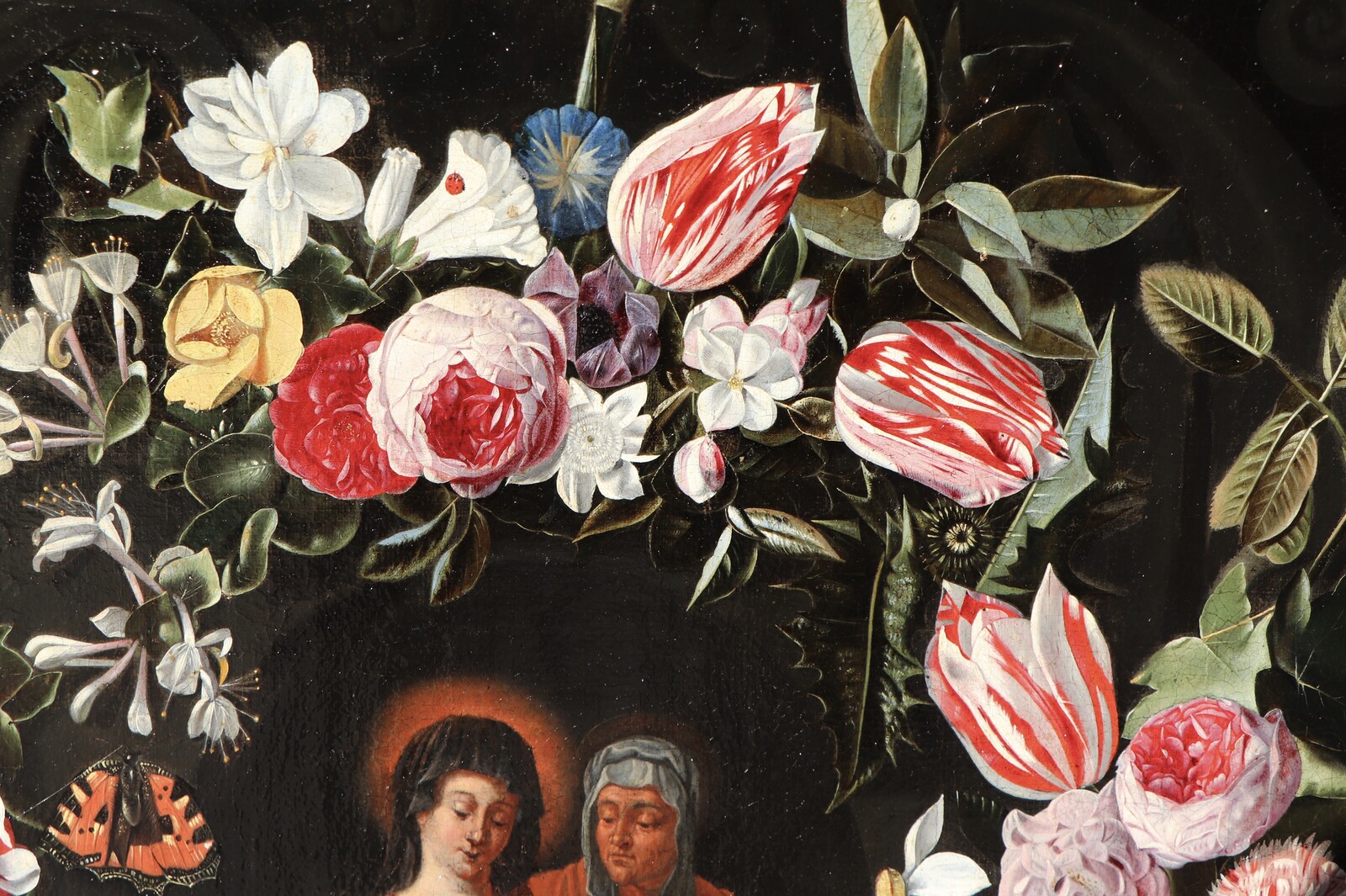 A garland of flowers with numerous insects surrounding the Virgin and Child with Saint Anne