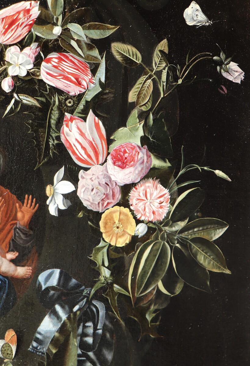 A garland of flowers with numerous insects surrounding the Virgin and Child with Saint Anne