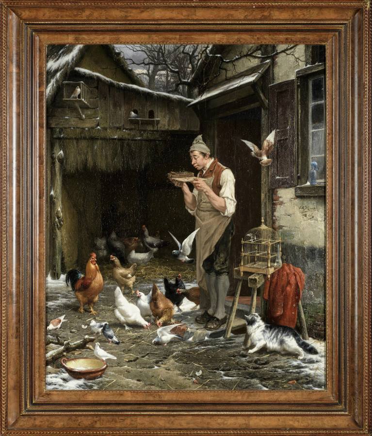 A man feeding his chickens and doves