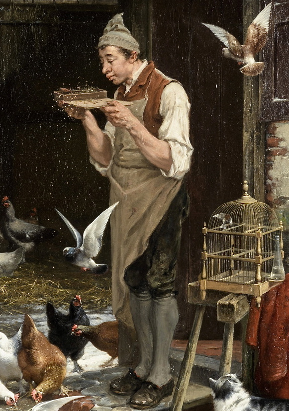 A man feeding his chickens and doves