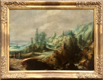 A mountainous landscape with the Flight into Egypt