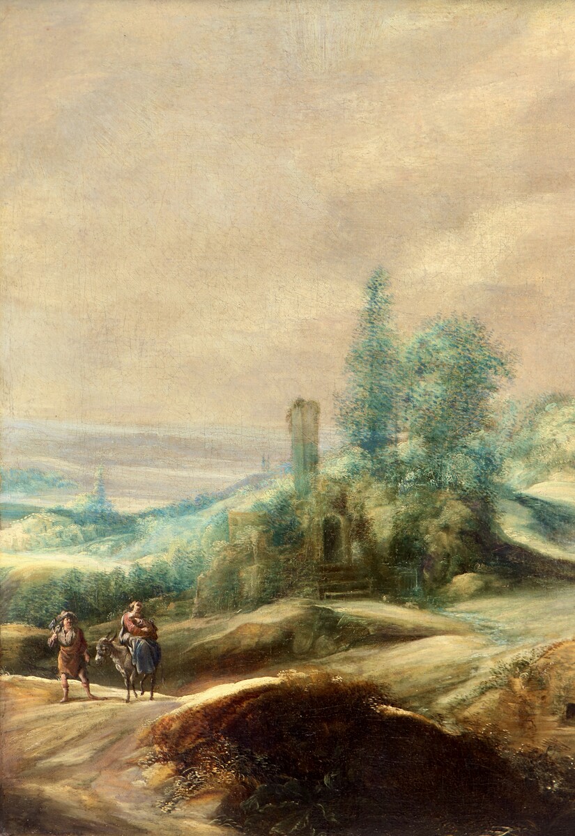 A mountainous landscape with the Flight into Egypt