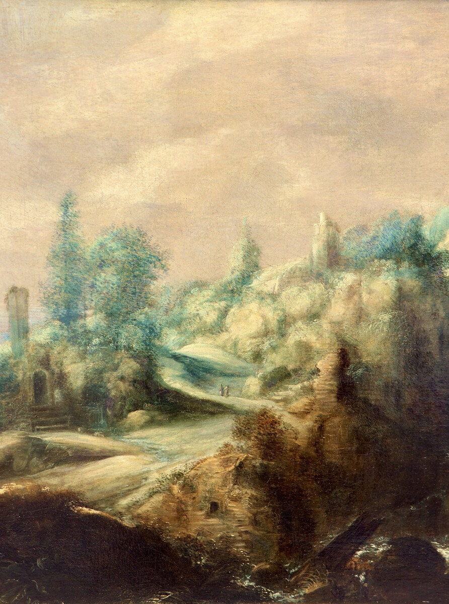 A mountainous landscape with the Flight into Egypt