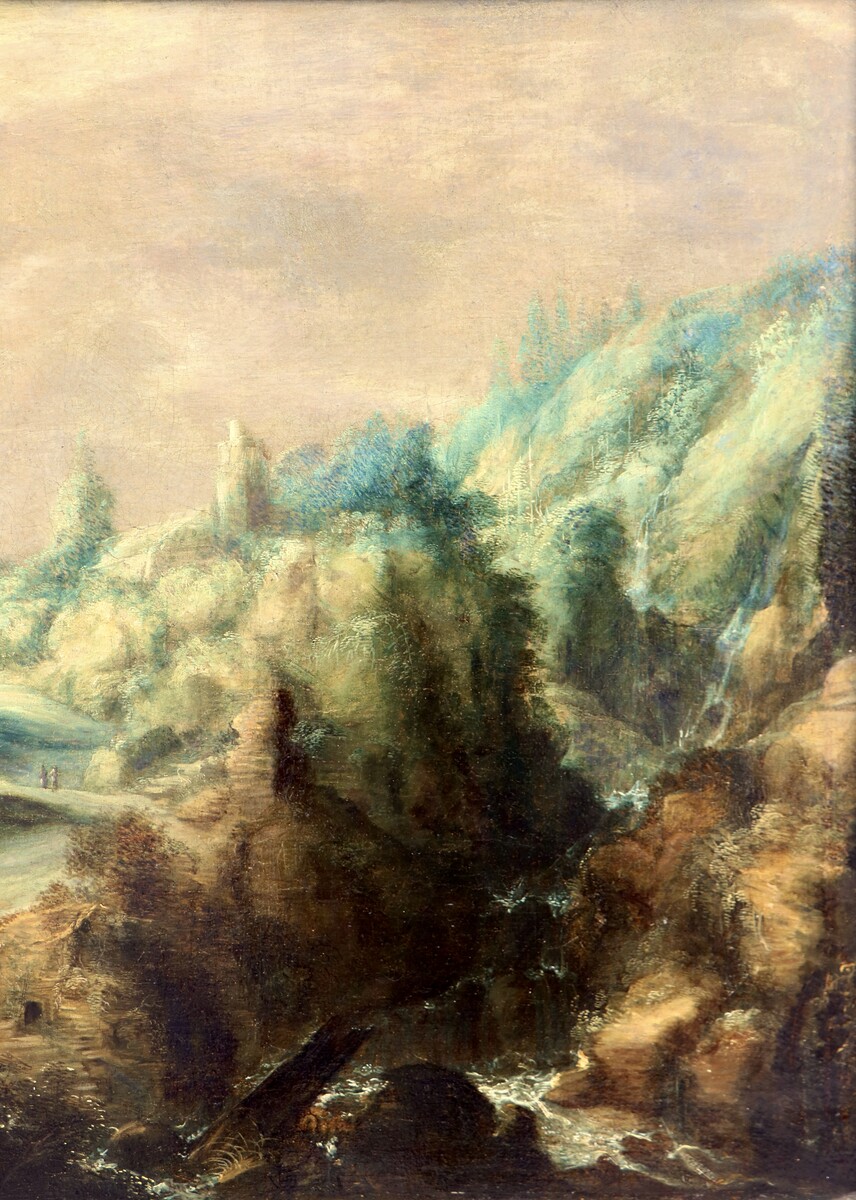 A mountainous landscape with the Flight into Egypt