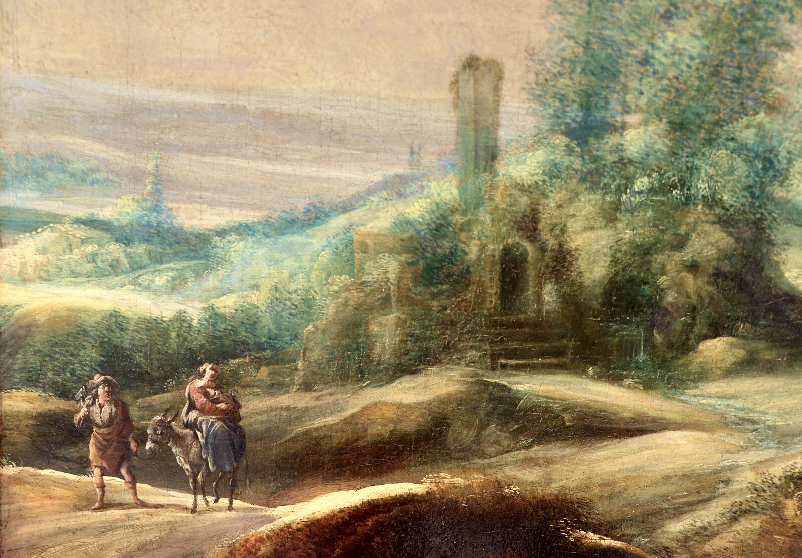 A mountainous landscape with the Flight into Egypt