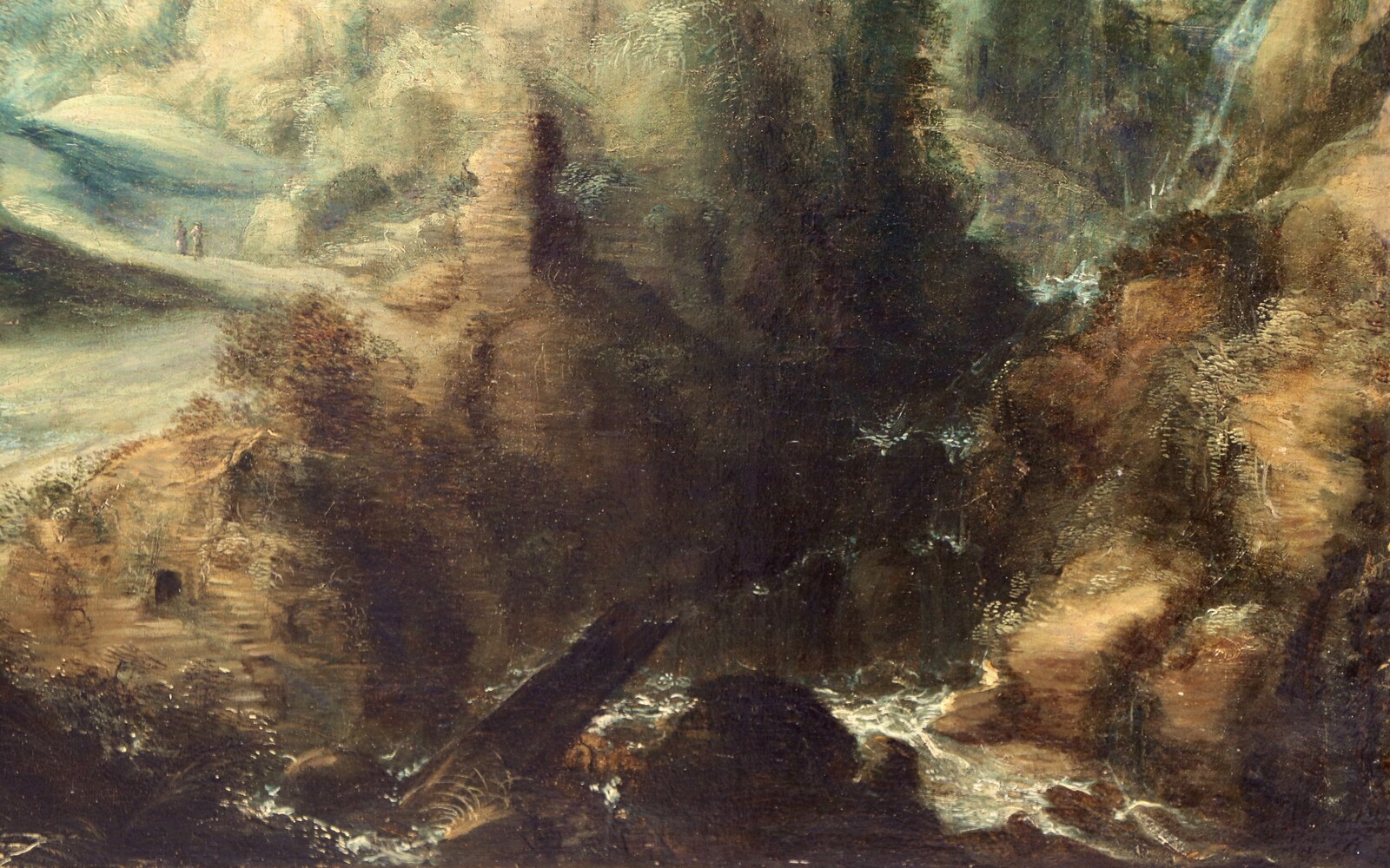 A mountainous landscape with the Flight into Egypt