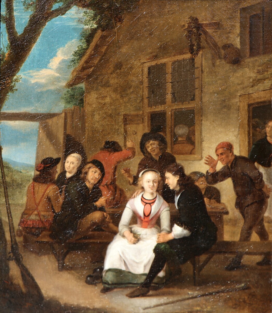 An elegant couple outside a tavern