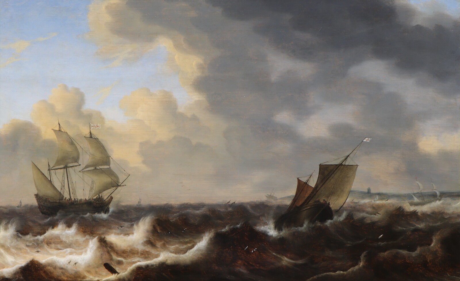 English ships in choppy waters off the coast