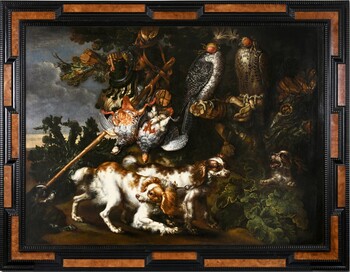 Falcons and spaniels guarding the spoils of hunt 