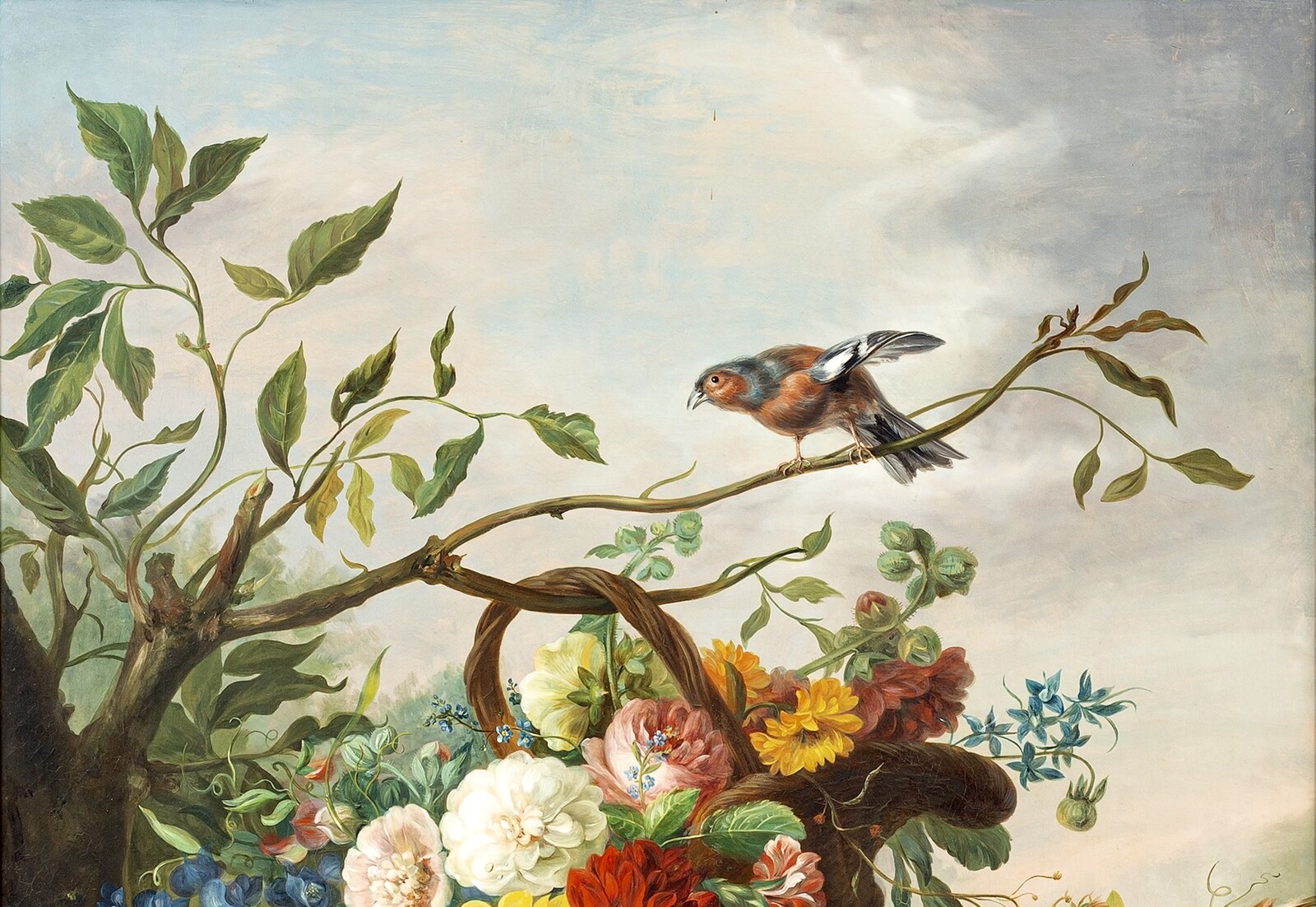 Flowers in a basket and fruit on a stone ledge