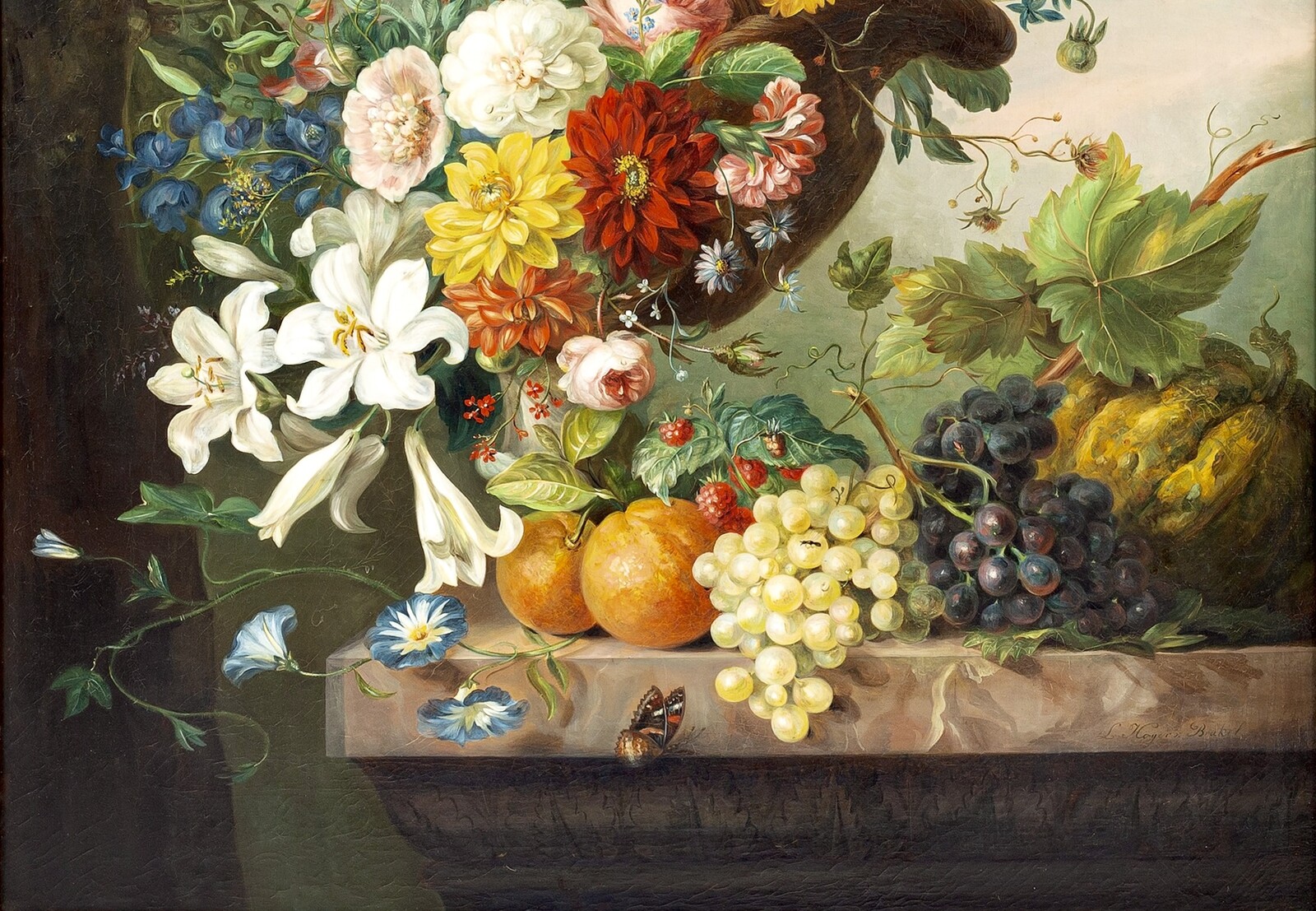 Flowers in a basket and fruit on a stone ledge