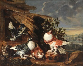 Four pigeons and two rabbits against an Italianate background