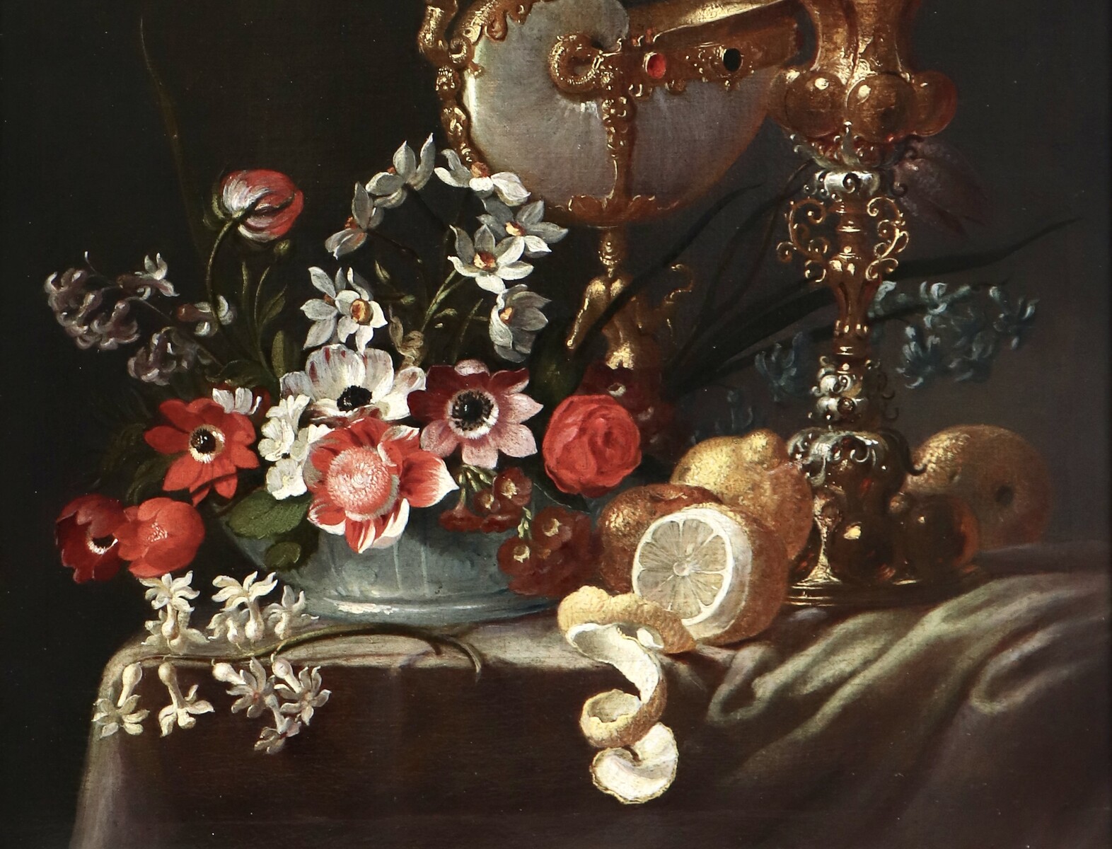 Fruit and flower still life with a nautilus cup and a columbine cup