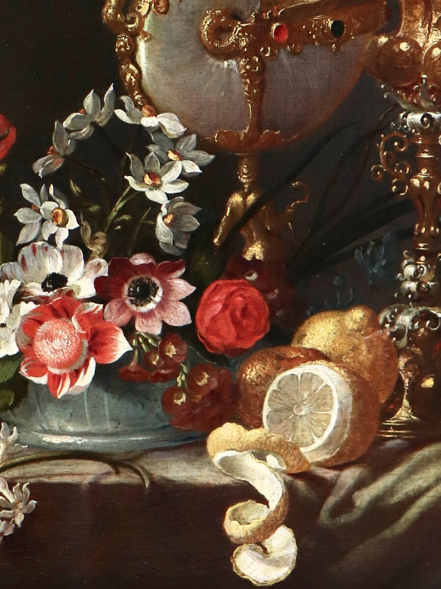 Fruit and flower still life with a nautilus cup and a columbine cup