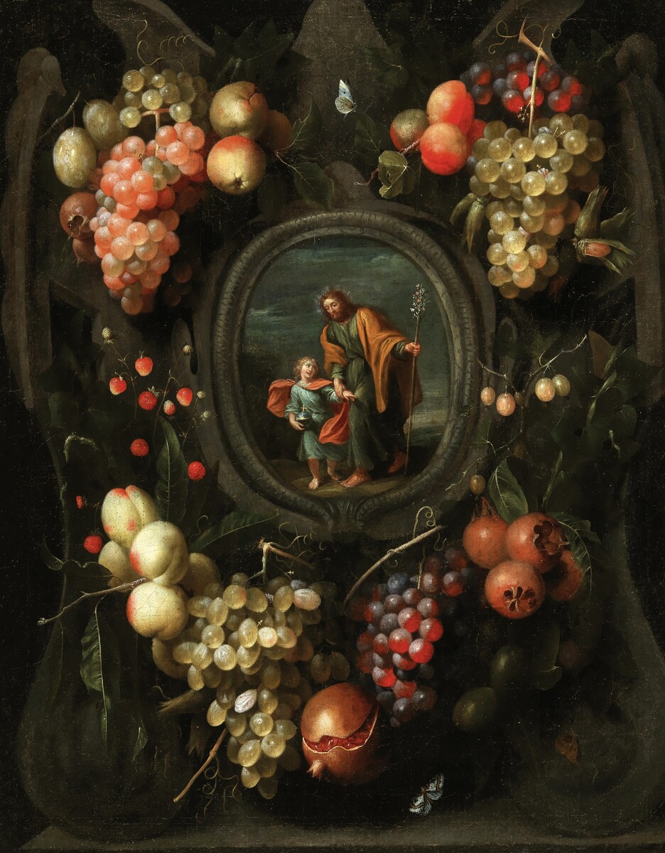 Garlands of fruit adorning a stone cartouche with Joseph and the Christ Child